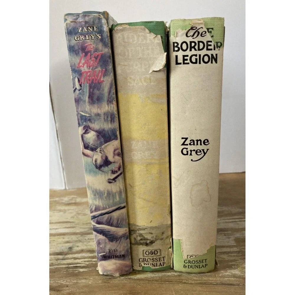 Vintage HCDJ Western themed books Zane Grey Riders Purple Sage Last Trail 1940's